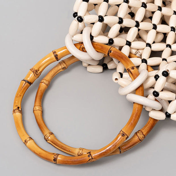 Buddha Stones Hand-woven Wooden Beads Bamboo Handle Shoulder Bag Handbag Handbags BS 5