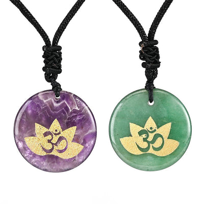 Buddha Stones OM Lotus Symbol Various Crystal Amethyst Tiger Eye Healing Necklace Pendant 1