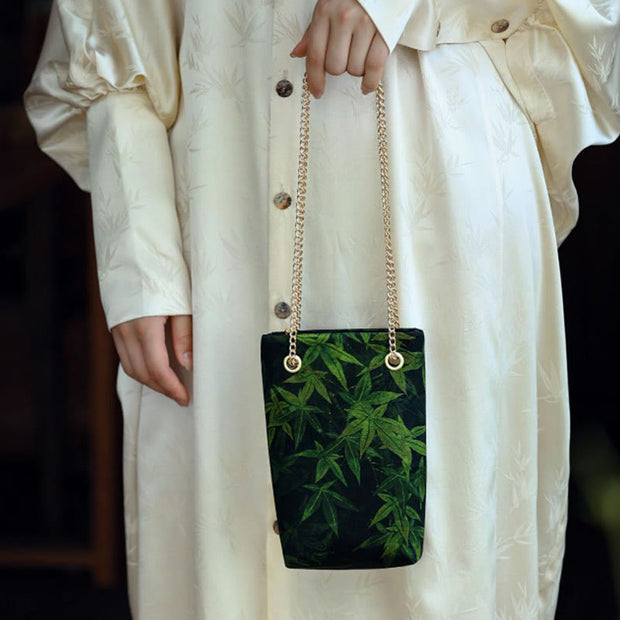 Buddha Stones Small Maple Leaf Persimmon Xiangyunsha Silk Metal Chain Crossbody Bag Shoulder Bag Cellphone Bag