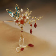 Buddha Stones Classical Chinese Style Flower Branche Butterfly Pearl Tassel Hair Clip Hair Comb Hair Crown