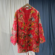 Buddha Stones Ethnic Style Northeast Red Flower Peony Print Cotton Linen Lace Up Jacket