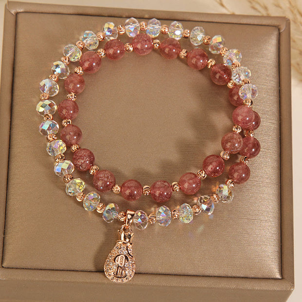 Buddha Stones Strawberry Quartz White Crystal Money Bag Charm Positive Bracelet Bracelet BS 7