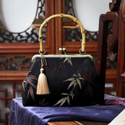 Buddha Stones Dragonfly Crane Bamboo Leaves Plum Blossom Bamboo Handles Handbag Handbags BS Bamboo Leaf 22.5*17*8.5cm