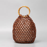 Buddha Stones Hand-woven Wooden Beads Bamboo Handle Shoulder Bag Handbag Handbags BS Brown 20*20*28.6cm
