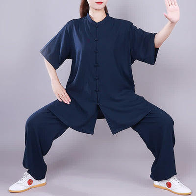 Buddha Stones Tai Chi Qigong Meditation Prayer Spiritual Zen Practice Unisex Cotton Linen Clothing Set (Extra 30% Off | USE CODE: FS30) - Navy Blue - Short Sleeve - US4，UK/AU8，EU36 (M)  - image 0