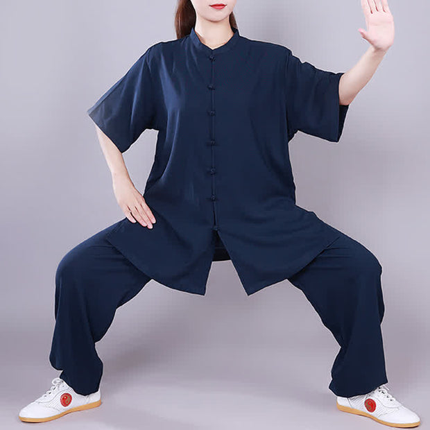 Buddha Stones Tai Chi Qigong Meditation Prayer Spiritual Zen Practice Unisex Cotton Linen Clothing Set (Extra 30% Off | USE CODE: FS30) - Navy Blue - Short Sleeve - US4，UK/AU8，EU36 (M)  - image 0