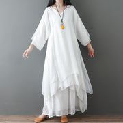 Buddha Stones V-Neck Midi Tunic Dress Wide Leg Pants Meditation Zen Practice Dance Clothing