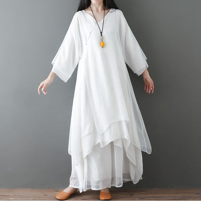 Buddha Stones V-Neck Midi Tunic Dress Wide Leg Pants Meditation Zen Practice Dance Clothing Women's Meditation Cloth BS 2Pcs White(Dress&Pants) 2XL(Bust 114cm/Waist 77-109cm/Length 113cm)