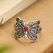 Buddha Stones 925 Sterling Silver Red Agate Butterfly Self-acceptance Ring Earrings Set Bracelet Necklaces & Pendants BS Ring(Inner Perimeter 54-60mm Adjustable)
