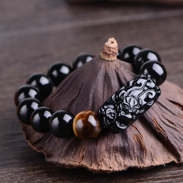 Buddha Stones Natural Black Obsidian PiXiu Tiger's Eye Strength Bracelet Bracelet BS 16mm(Wrist Circumference 17-18.5cm)