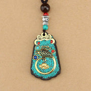 Buddha Stones Tibet God Of Wealth Money Tree Golden Phoenix Thangka Ebony Peace Necklace Pendant