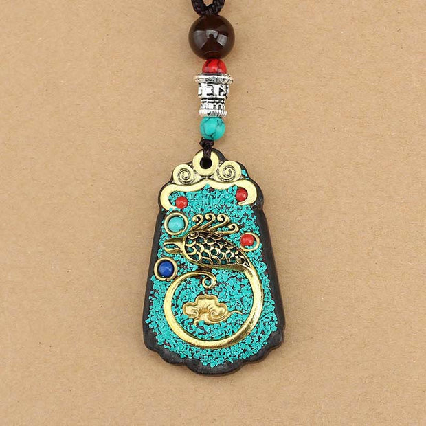 Buddha Stones Tibet God Of Wealth Money Tree Golden Phoenix Thangka Ebony Peace Necklace Pendant Necklaces & Pendants BS 15