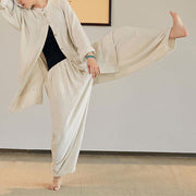 Buddha Stones Plain Long Sleeve Coat Jacket Top Wide Leg Pants Zen Tai Chi Yoga Meditation Clothing