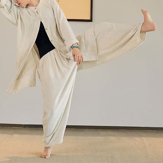 Buddha Stones Plain Long Sleeve Coat Jacket Top Wide Leg Pants Zen Tai Chi Yoga Meditation Clothing Clothes BS 5