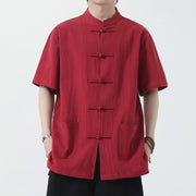 Buddha Stones Frog-Button Chinese Tang Suit Short Sleeve Shirt Linen Men Clothing With Pockets Men's Shirts BS Red 5XL(Fit for USUK/AU46; EU56)