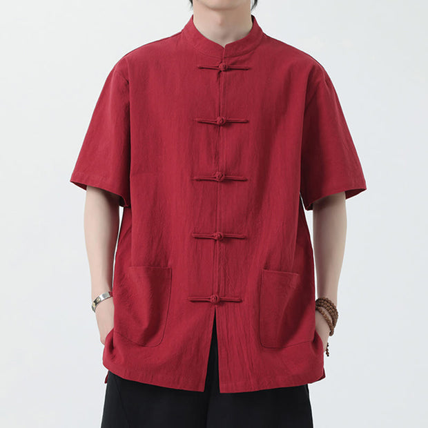 Buddha Stones Frog-Button Chinese Tang Suit Short Sleeve Shirt Linen Men Clothing With Pockets Men's Shirts BS Red 5XL(Fit for USUK/AU46; EU56)