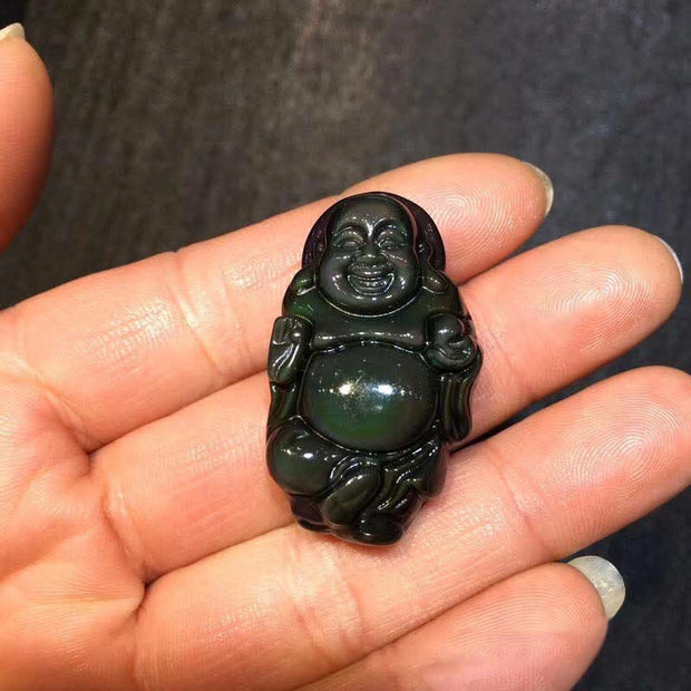Natural Rainbow Obsidian Laughing Buddha Inner Peace Necklace Pendant