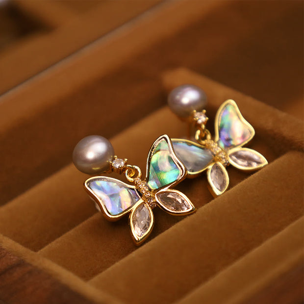 Buddha Stones 18K Gold Plated Copper Natural Shell Pearl Butterfly Sincerity Stud Earrings Earrings BS Natural Abalone Shell Gray Pearl(925 Sterling Silver Posts)