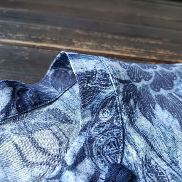 Buddha Stones Retro Blue White Flowers Frog-Button Design Long Sleeve Ramie Linen Jacket Shirt 14