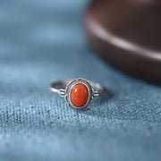 925 Sterling Silver Tibetan Turquoise Red Agate Protection Ring