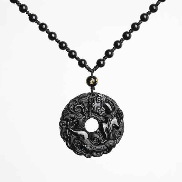 Buddha Stones Natural Black Obsidian Peace Buckle Pixiu Purification Necklace Pendant Necklaces & Pendants BS 9