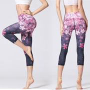 Buddha Stones Cherry Blossoms Sakura Lines Print Sports Yoga Cropped Leggings Women's Yoga Capri Pants Women's Capri Pants BS 4