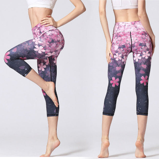 Buddha Stones Cherry Blossoms Sakura Lines Print Sports Yoga Cropped Leggings Women's Yoga Capri Pants Women's Capri Pants BS 4