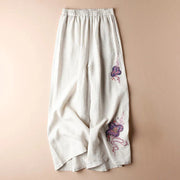 Buddha Stones Women Casual Loose Cotton Linen Embroidery Wide Leg Pants With Pockets 2