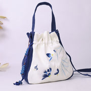 Buddha Stones Embroidered Butterfly Lotus Magnolia Cotton Linen Tote Crossbody Bag Shoulder Bag Handbag Crossbody Bag BS 1