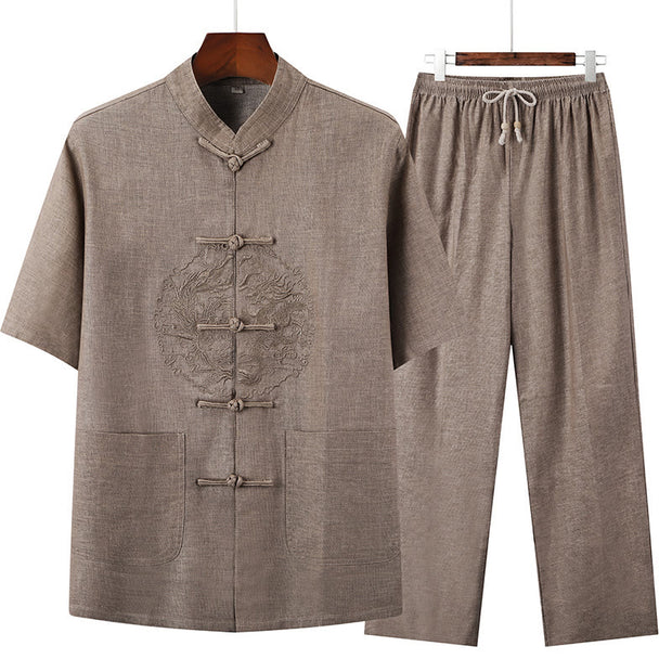Buddha Stones Dragon Embroidery Pattern Tang Suit Short Sleeve Shirt Pants Men's Set Men's Meditation Cloth BS 11