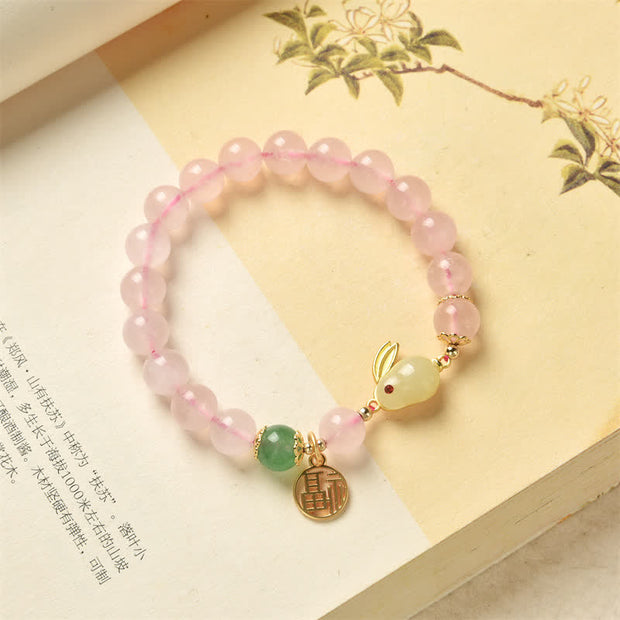 Year of the Rabbit Natural Pink Crystal Green Agate Bunny Love Happiness Bracelet