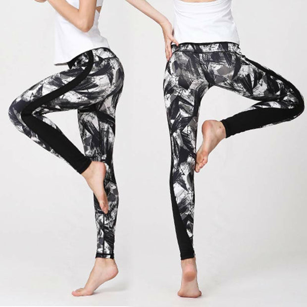 Buddha Stones White Black Ink Brush Lines Print Sports Fitness Mesh Leggings Women's Yoga Pants