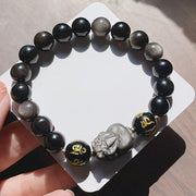 Buddha Stones Natural Silver Sheen Obsidian Black Obsidian Om Mani Padme Hum Pixiu Protection Bracelet 3