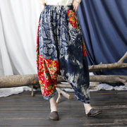 Buddha Stones Blue Red Peony Flowers Patchwork Cotton Linen Harem Pants With Pockets 16