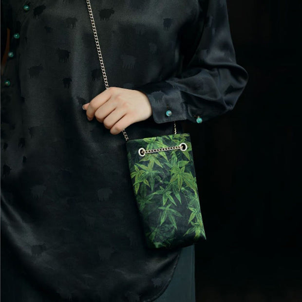Buddha Stones Small Maple Leaf Persimmon Xiangyunsha Silk Metal Chain Crossbody Bag Shoulder Bag Cellphone Bag