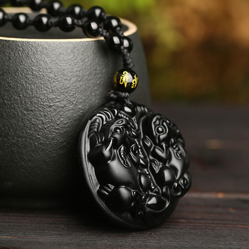 Buddha Stones Black Obsidian Double Pixiu Bead Rope Purification