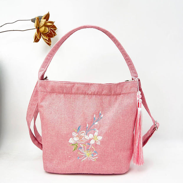 Buddha Stones Embroidery Wisteria Plum Lotus Cherry Blossom Cotton Linen Canvas Tote Crossbody Bag Shoulder Bag Handbag 26