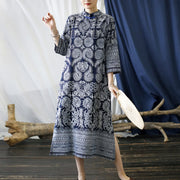 Buddha Stones Blue White Flower Frog-button Midi Dress Three Quarter Sleeve Linen Batik Dress With Pockets 15