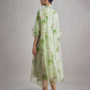 Buddha Stones 100% Mulberry Silk Organza Green Lotus Leaf Pink Lotus Print Qipao Cheongsam Dress
