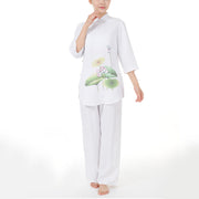 Buddha Stones 2Pcs White Lotus Flower Leaf Half Sleeve Shirt Top Pants Meditation Zen Tai Chi Linen Clothing Women's Set 3