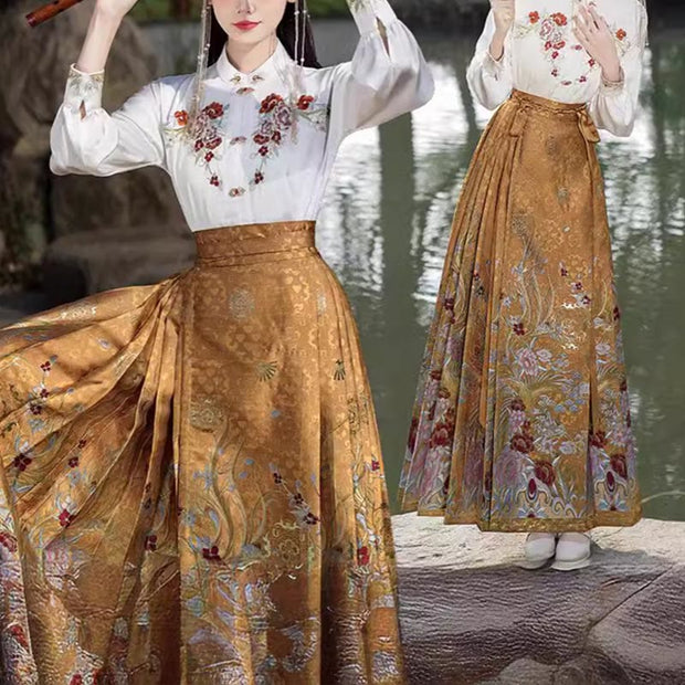 Buddha Stones Golden Flower Phoenix Embroidery Long Sleeve Shirt Top Chinese Hanfu Ming Dynasty Horse Face Skirt Mamianqun Skirt 8