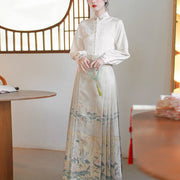 Buddha Stones Long Sleeve Shirt Top Chinese Hanfu Crane Lotus Printed Horse Face Skirt Mamianqun Riding Skirt BS 13