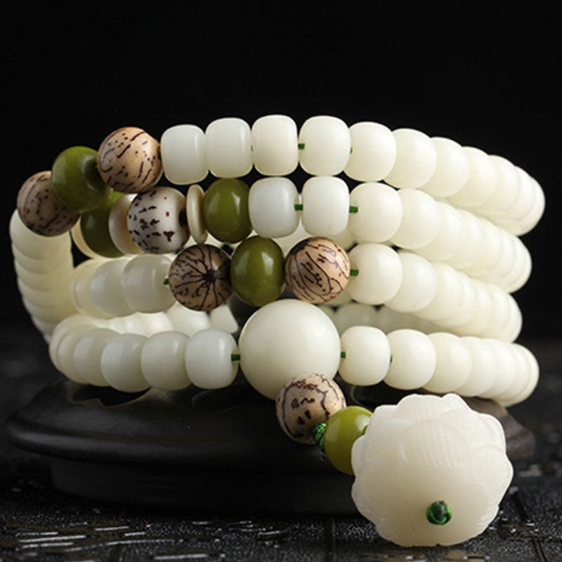 White Jade 108 Beaded Bracelet Mix With 10k Gold, The Bracelet For Meditation, 8mm high quality Beaded White Jade Bracelet