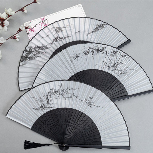 Buddha Stones Mountains Plum Blossom Lotus Magpie Bamboo Leaves Handheld Silk Bamboo Folding Fan 22.5cm