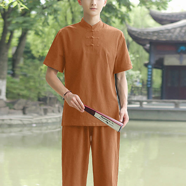 Buddha Stones 2Pcs Men's Short Sleeve Shirt Top T-Shirt Pants Meditation Zen Tai Chi Cotton Linen Clothing Set Men's Meditation Cloth BS Sandybrown(Top&Pants) 6XL(Bust 138cm/Waist 86-150cm/Hips 144cm)