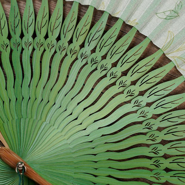 Buddha Stones Green Leaves Handheld Silk Bamboo Folding Fan 4