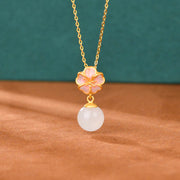 Buddha Stones 925 Sterling Silver Natural Hetian White Jade Cherry Blossom Sakura Luck Necklace Pendant Ring Earrings Set