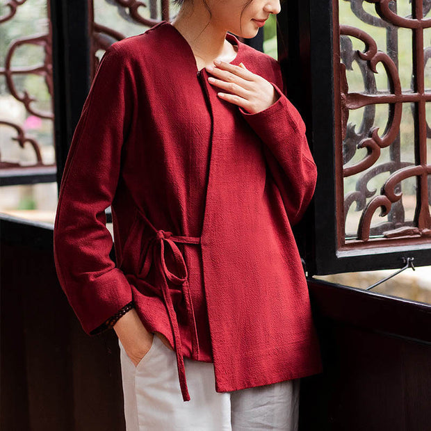 Buddha Stones Long Sleeve Jacket Shirt Top Wide Leg Pants Zen Tai Chi Yoga Meditation Clothing 2-Piece Outfit BS Red(Top Only) XL