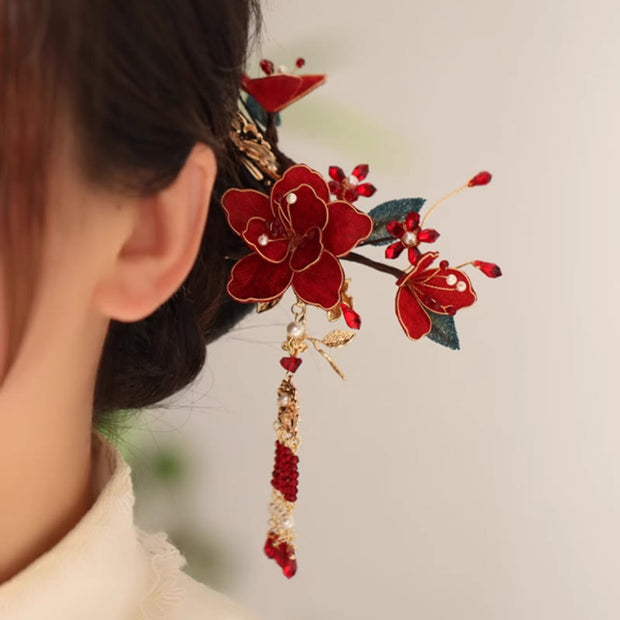 Buddha Stones Classical Chinese Style Red Flower Butterfly Tassel Hair Comb Hairpin