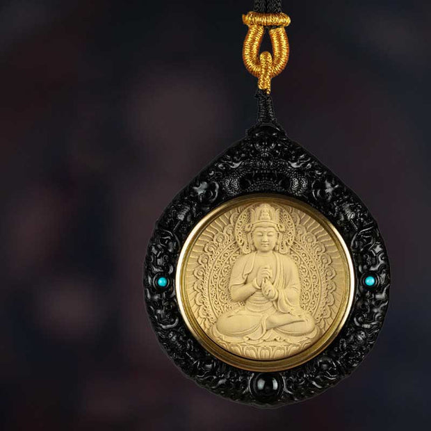 Buddha Stones Chinese Zodiac Avalokitesvara Small Leaf Red Sandalwood Ebony Longevity Necklace Pendant